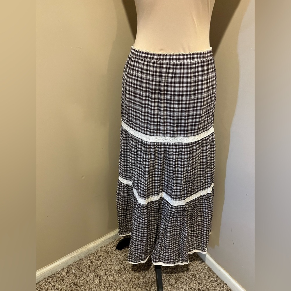 Grey Bandit Montana Skirt Brown & Cream Plaid & Lace Maxi Skirt, Side Slit,  M - Picture 3 of 9